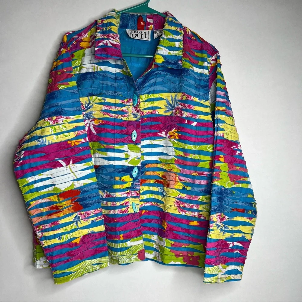 Keren Hart Coastal Grandma Jacket XL Vintage Colorful Quilted Fringe Buttons‎